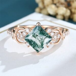 Princess cut moss agate engagement ring style