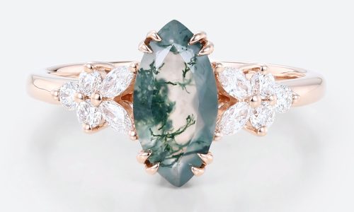 Marquise Cut Moss Agate Engagement Ring With Petal Side Stones in Rose Gold (1)