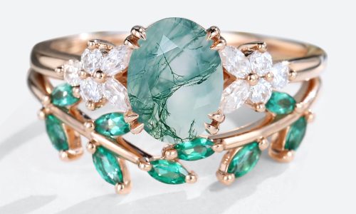 Oval Cut Moss Agate Petal Side Stones Engagement Ring With Emerald Twig Band Bridal Wedding Set (1)