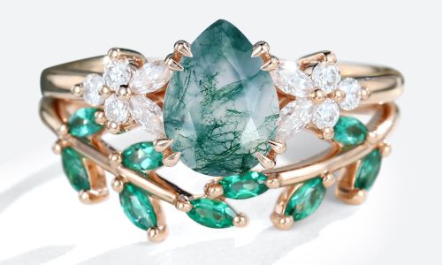 Pear Cut Moss Agate Petal Side Stones Engagement Ring With Emerald Twig Band Bridal Wedding Set (1)