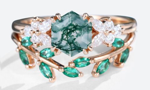 Rose Gold 2PCS Hexagon Cut Moss Agate Stacking Engagement Ring With Emerald Petal Shape Wedding Ring Set (1)