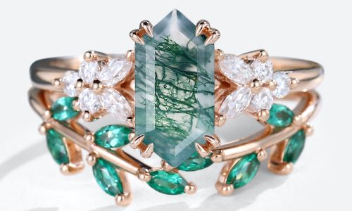 Rose Gold Elongated Hexagon Cut Moss Agate Engagement Ring With Emerald Petal Shape Wedding Ring Set (1)