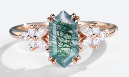 Rose Gold Elongated Hexagon Cut Moss Agate Vintage Engagement Rings (1)