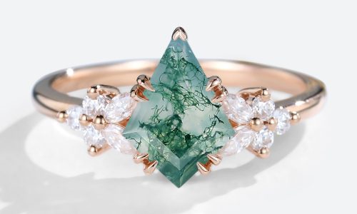 Rose Gold Kite Shaped Moss Agate Engagement Ring Marquise Diamond Ring (1)