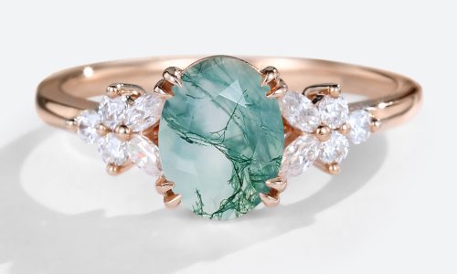 Rose Gold Oval Cut Moss Agate Engagement Ring Petal Side Stones Vintage Engagement Rings (1)