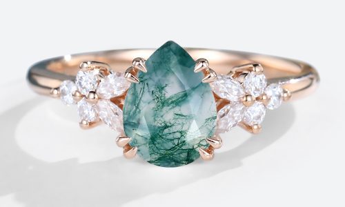 Rose Gold Pear Cut Moss Agate Ring Petal Side Stones Engagement Ring Vintage Engagement Rings (1)