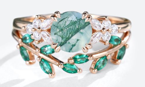 Rose Gold Round Cut Moss Agate Engagement Ring With Emerald Petal Shape Wedding Ring Set (1)