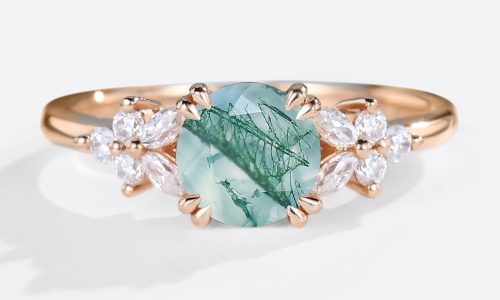 Rose Gold Round Cut Moss Agate double claws Engagement Ring Petal Side Stones Engagement Ring (1)