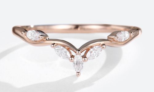 Rose Gold Marquise Cut Moissanite Curved Wedding Band Stacked Wedding Rings (1)