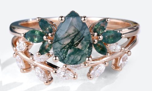 Rose Gold Pear Shaped Moss Agate Ring Marquise Moss Agate Side Stone Engagement Ring Petal Shape Wedding Ring Set (1)