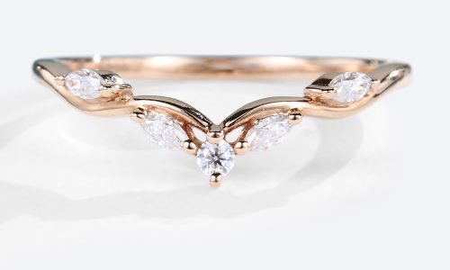 Rose Gold Round Cut Moissanite Rings Curved Matching Wedding Band (1)