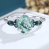 White Gold Oval Cut Moss Agate Cluster Engagement Ring with Alexandrite Side Stones