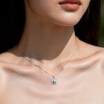 Emerald Cut Moss Agate Pendant Necklace Diamond Halo Accented Necklace