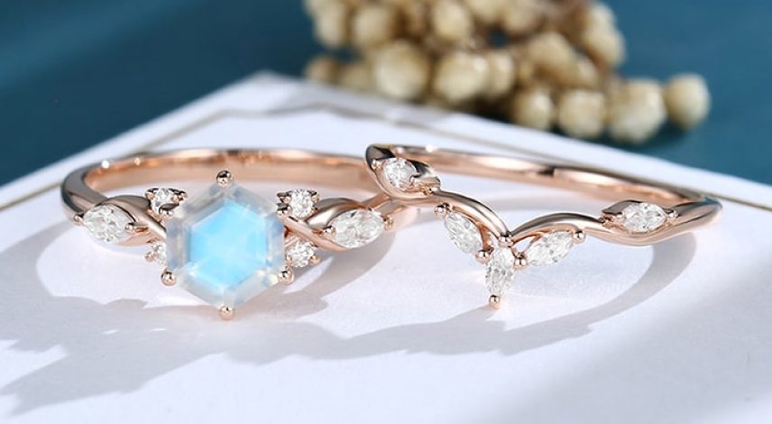 LisaJewelryUS Hexagon-Cut-Moonstone-Rose-Gold-Engagement-Ring-Set