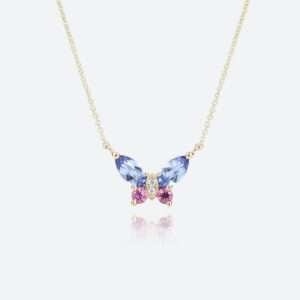 Lab Sapphire & Pink Sapphire Necklace Delicate Butterfly Pendant Necklace