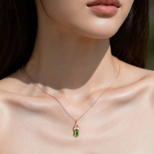 Peridot Neckalce - Long Hexagon Cut Birthstone Pendant Timeless Necklace