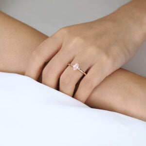 0.5ct Fancy Pink VS+ Marquise Cut Lab Grown Pink Diamond Three Stone 6 Claw Prong Engagement Ring