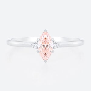 0.5ct Fancy Pink VS+ Marquise Cut Lab Grown Pink Diamond Three Stone 6 Claw Prong Engagement Ring