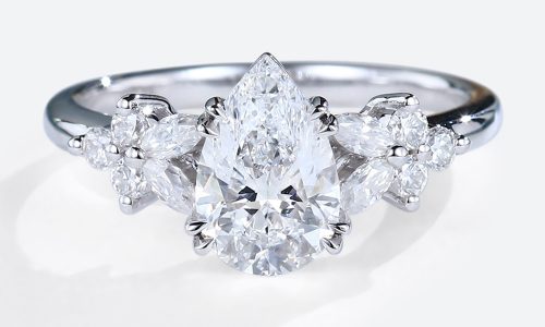 1.5CT White Gold Pear Shaped Lab Grown Diamond Rings Petal Side Stones Engagement Ring (1)
