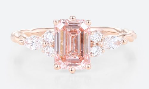 1.5ct Fancy Pink VS+ Emerald Cut Lab Grown Pink Diamond Twisted 6-Prong Engagement Ring Set in Rose Gold (1) 1.5ct Lab Grown Pink Diamond Ring Emerald Cut Twisted 6-Prong Ring in Rose Gold