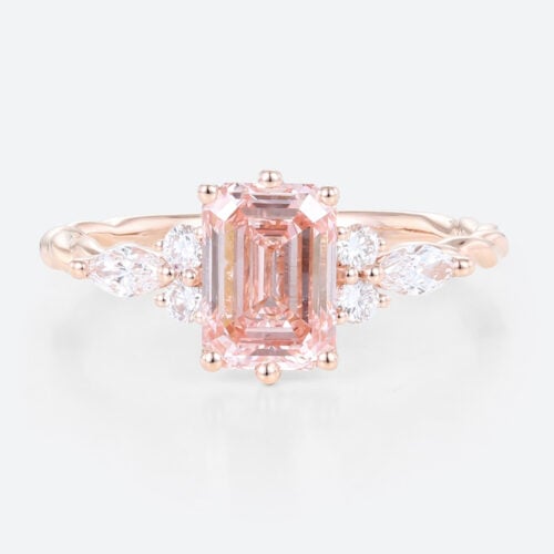 1.5ct Lab Grown Pink Diamond​ Ring Emerald Cut Twisted 6-Prong Ring in Rose Gold