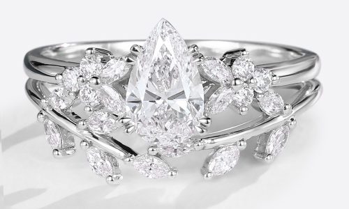 1.5ct Pear Shaped Lab Diamond Petal Side Stones Engagement Ring With Lab Diamond Twig Band Bridal Wedding Set (1)