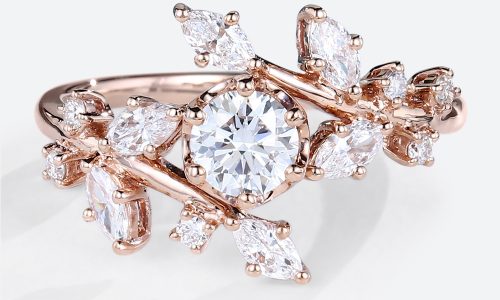 14K Rose Gold Round Cut Lab Diamond Leaf Engagement Ring Unique Engagement Ring (1)