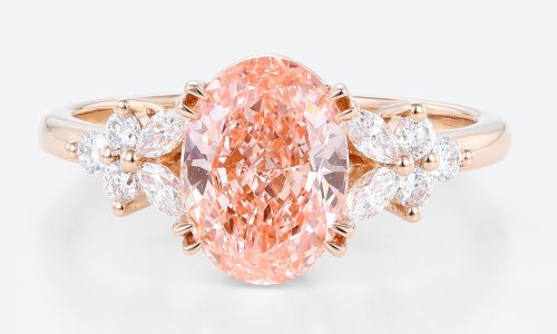 14k Rose Gold Oval Cut Lab Pink Diamond Rings Petal Side Stone Engagement Rings (1)