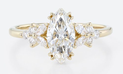 1ct Colorless VS+ Marquise Cut Lab Grown Diamond Petal Side Stones Double Claw Prong Engagement Ring in Yellow Gold (1) 1ct Colorless VS+ Marquise Cut Lab Grown Diamond Petal Side Stones Double Claw Prong Engagement Ring in Yellow Gold