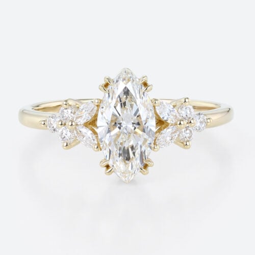 1ct Colorless VS+ Marquise Cut Lab Grown Diamond Petal Side Stones Double Claw Prong Engagement Ring in Yellow Gold