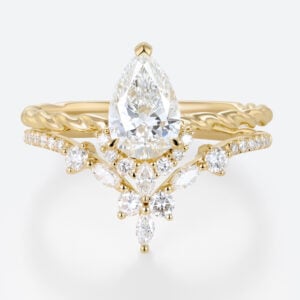 Solid Gold 1 Carat Pear Shaped Lab Diamond Twisted Engagement Ring Set