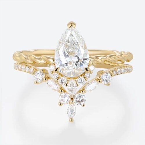 1ct Colorless VS+ Pear Shaped Lab Grown Diamond Twisted 3-Prong Engagement Ring Set in Yellow Gold