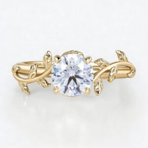 1ct Lab Diamond Ring Solitaire Round Dimaond Leaf Promise Ring in Yellow Gold