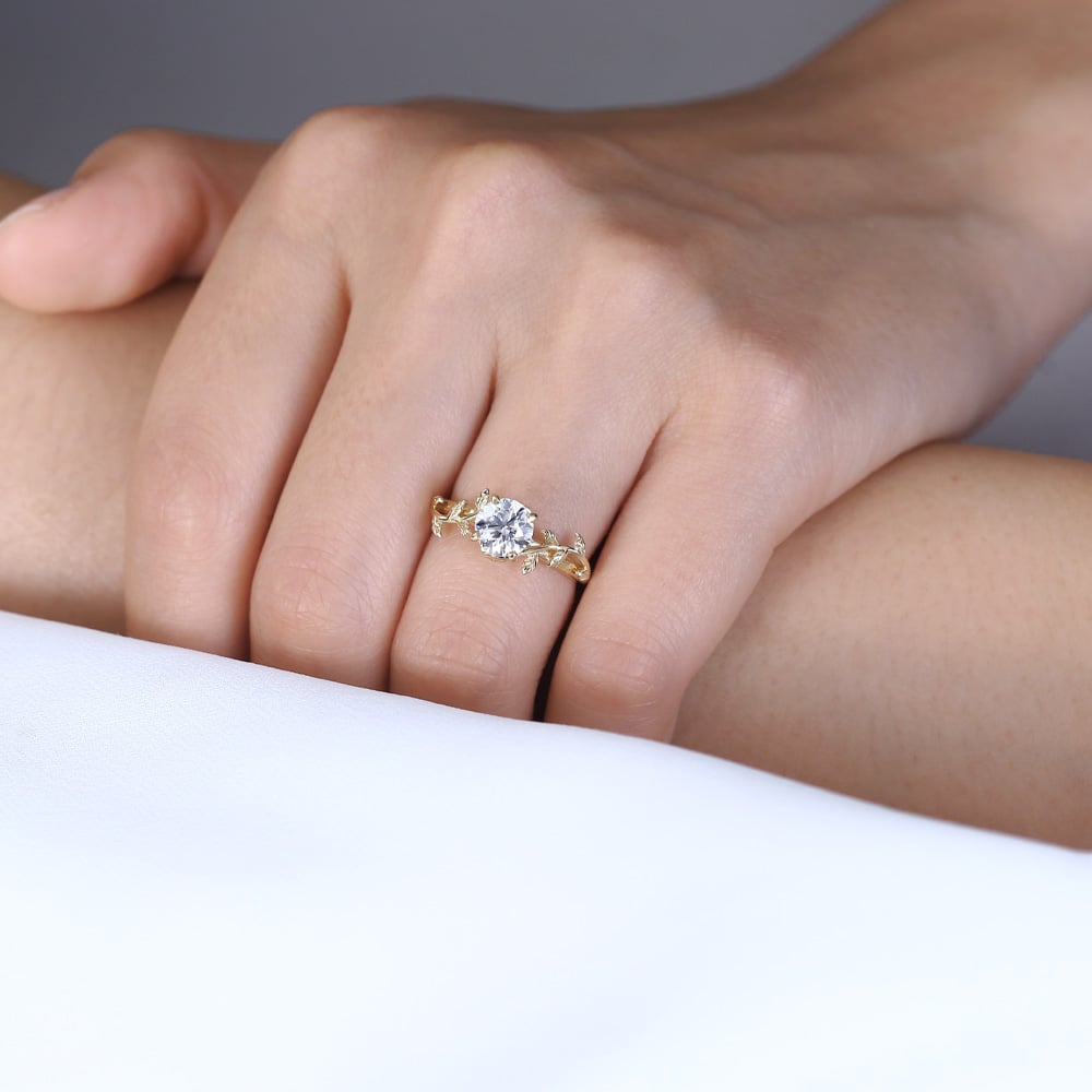 1ct Lab Diamond Ring Solitaire Round Dimaond Leaf Promise Ring in Yellow Gold