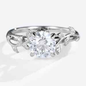 1ct Lab Diamond Ring Solitaire Round Dimaond Leaf Promise Ring in Yellow Gold
