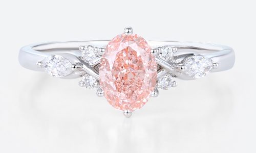 White Gold Oval Cut Pink Diamond Ring 1ct Lab Diamond Cluster 6-Prong Ring