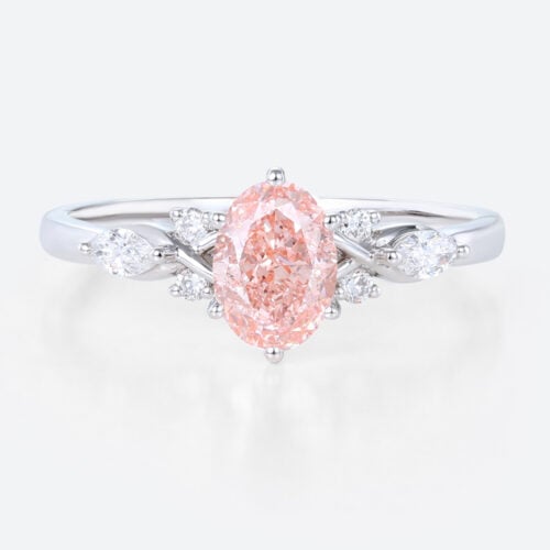 White Gold Oval Cut Pink Diamond Ring 1ct Lab Diamond Cluster 6-Prong Ring