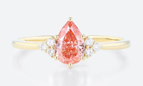 Yellow Gold Pear Shaped Lab Pink Diamond Engagement Rings Cluster Bridal Ring 1ct Pear Shaped Pink Diamond Ring Cluster 6-Prong Engagement Rings in Yellow Gold