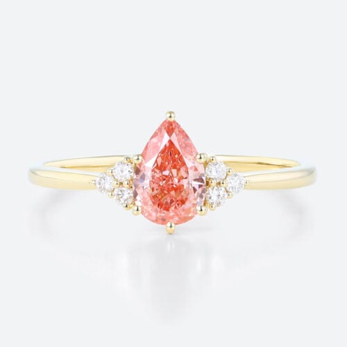 1ct Pear Shaped Pink Diamond Ring Cluster 6-Prong Engagement Rings in Yellow Gold