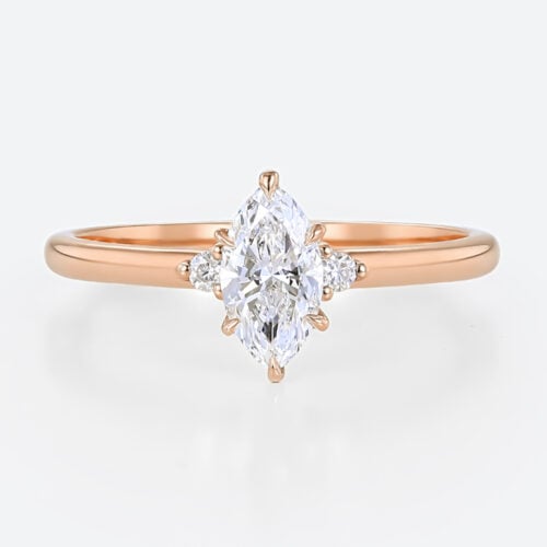 Marquise Cut Lab Grown Diamond Three Stone 6 Claw Prong Engagement Promise Ring in Rose Gold