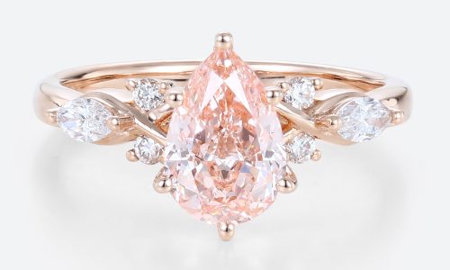 Rose Gold Pear Shaped Lab Pink Diamond Engagement Rings Cluster Bridal Ring (1)