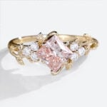 Yellow Gold 1.5ct Pink Diamond Ring Princess Cut Lab Diamond Vine Ring