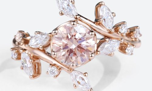 Rose Gold Round Cut Lab Pink Diamond Unique Engagement Rings Leaf Bridal Ring (1)