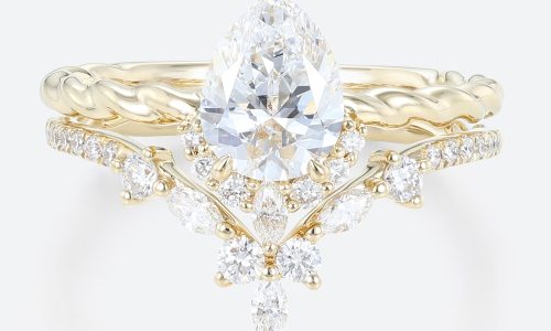 Solid Gold 1.2 Carat Pear Shaped Lab Diamond Twisted Engagement Ring Set (1)