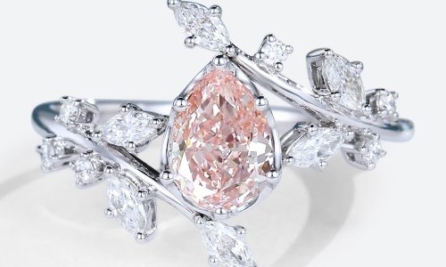 White Gold Pear Shaped Lab Pink Diamond Engagement Ring Unique Leaf Bridal Ring (1)