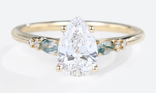 Yellow Gold Engagement Rings 1.5ct Pear Cut Lab Diamond & Moss Agate Ring