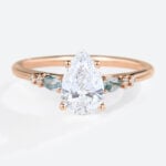 Rose Gold Engagement Rings 1.5ct Pear Cut Lab Diamond & Moss Agate Ring