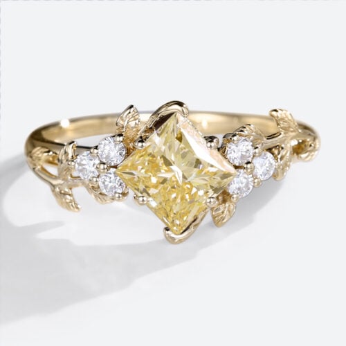 Princess Cut Lab Yellow Diamond Engagement Ring 1.5ct Olive Leaves Ring in Yellow Gold