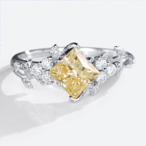 Princess Cut Lab Yellow Diamond Engagement Ring 1.5ct Olive Leaves Ring in White Gold
