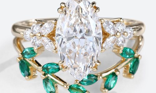 1.5ct Marquise Cut Lab Diamond Engagement Ring Set Curved Emerald Wedding Ring (1)